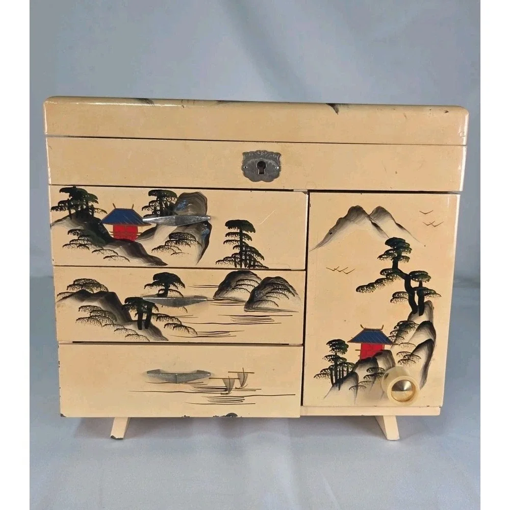 Japanese Lacquer Three Drawer Lock Top with Key Jewelry and Music Box SEE PICS